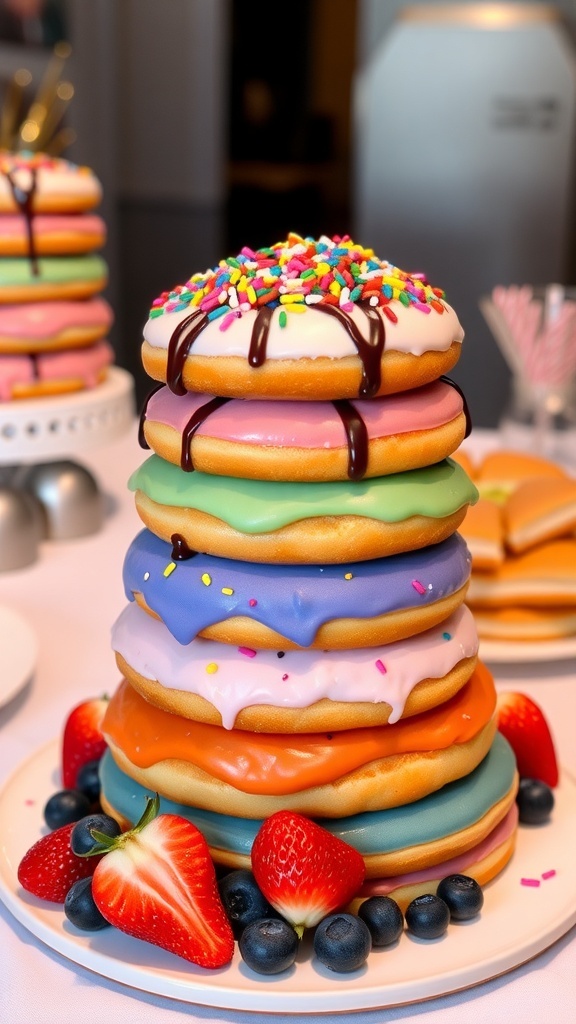A tall 8-layer donut cake with frosting and sprinkles, garnished with fresh fruit, on a festive table.